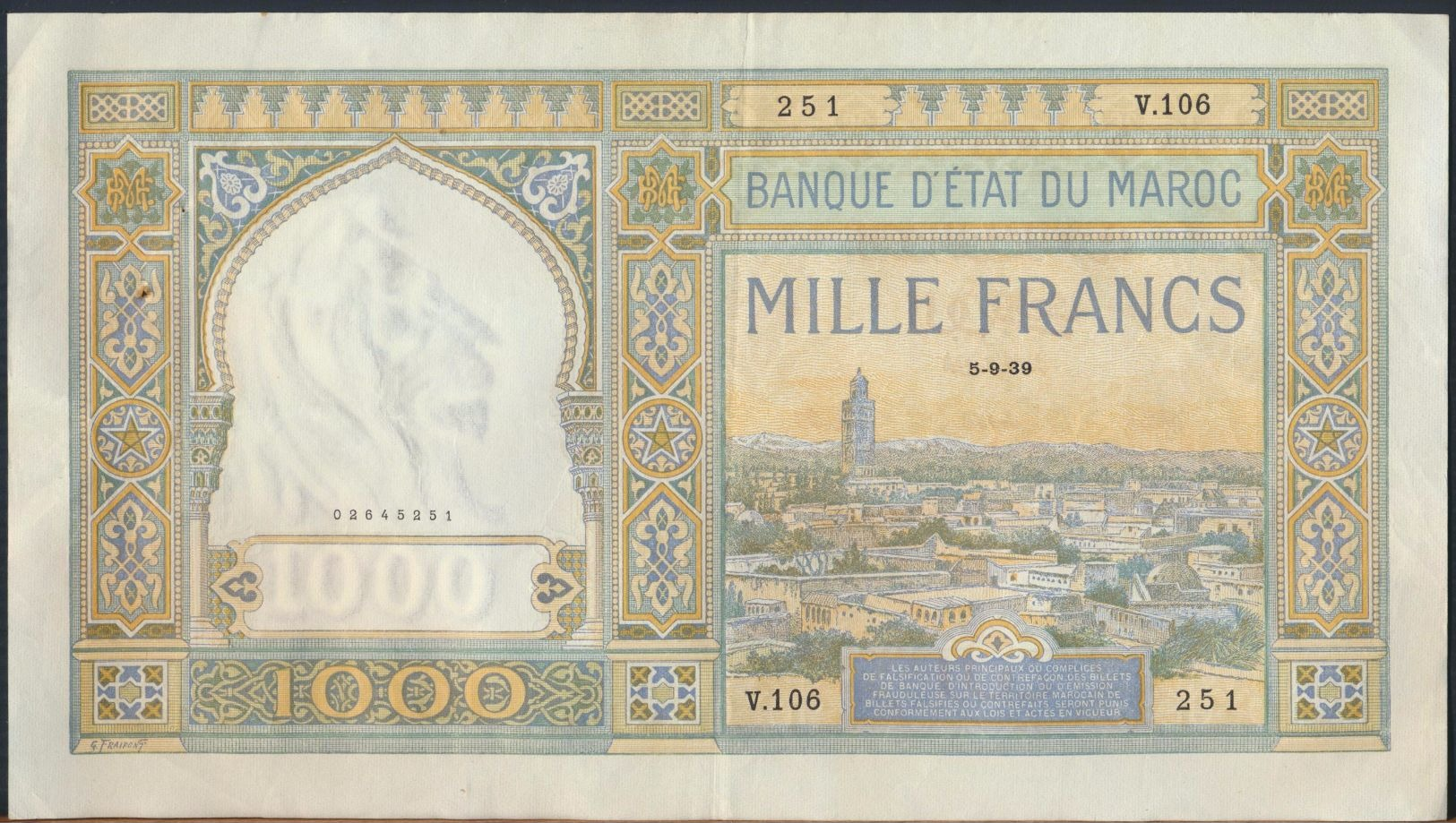 °°° MAROC MOROCCO - 1000 FRANCS 5/9/1939 °°° - Marokko