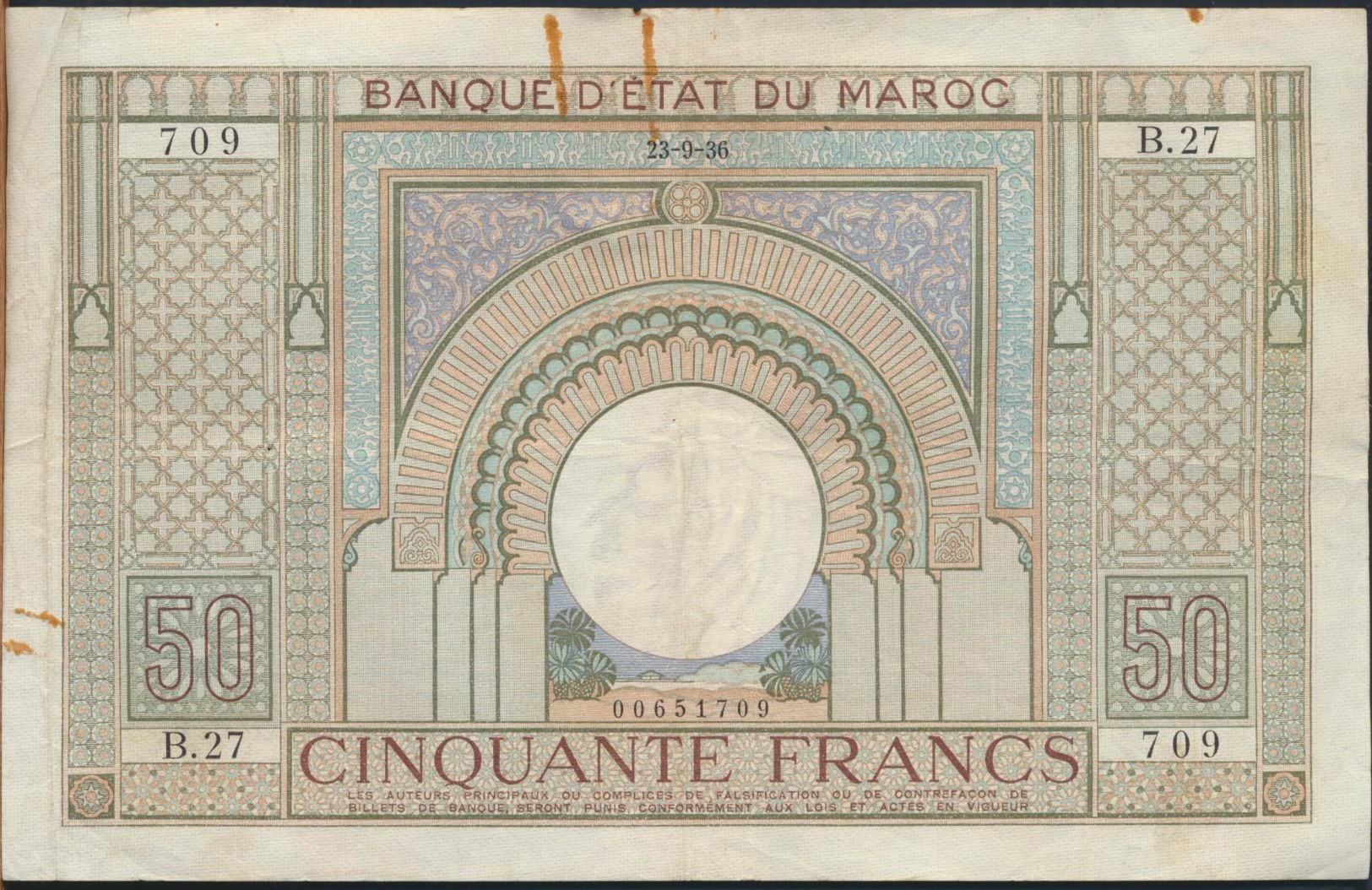 °°° MAROC MOROCCO - 50 FRANCS 23/9/1936 °°° - Marocco