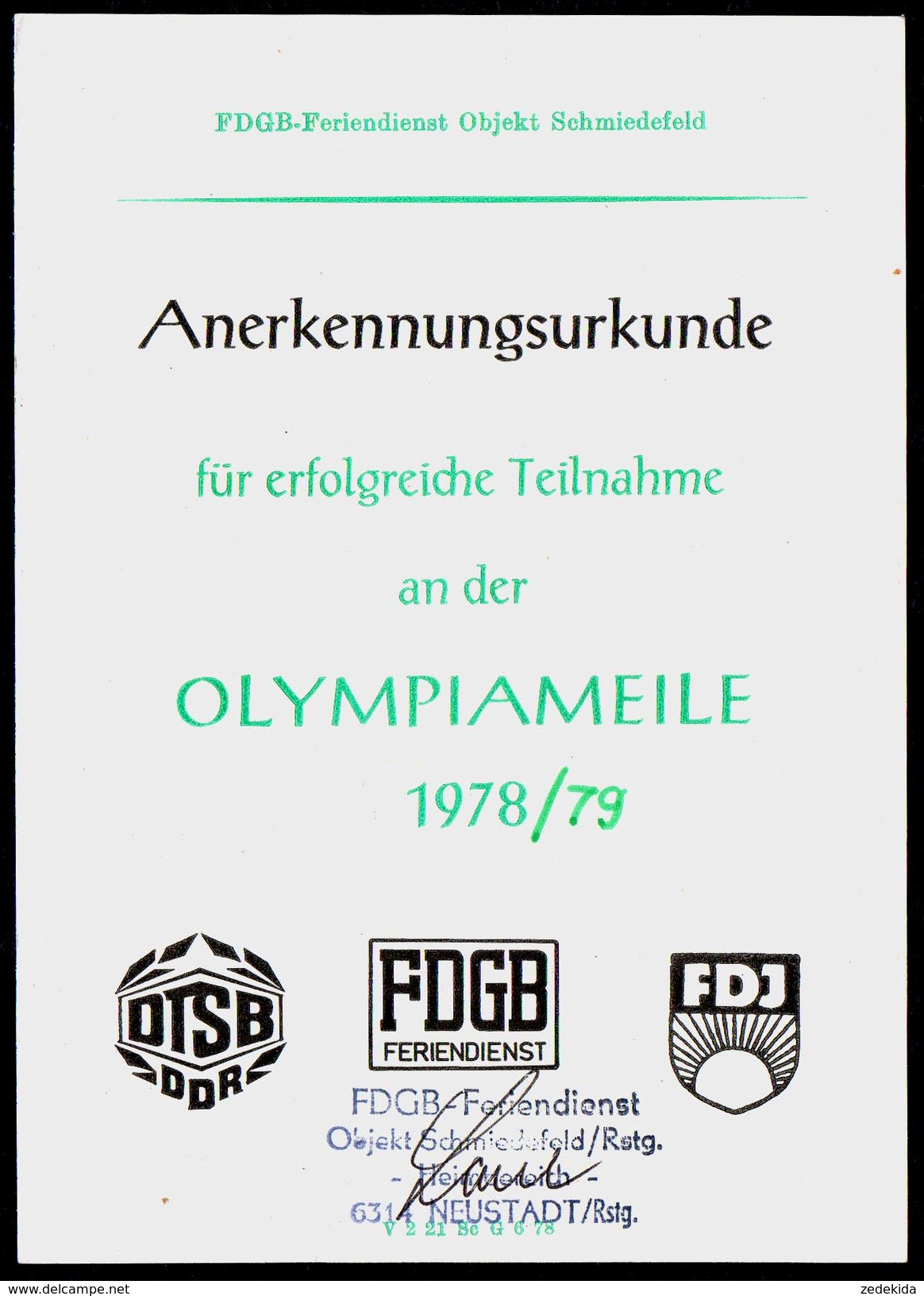 A1802 - Urkunde - Neustadt Am Rennsteig - FDGB Feriendienst 1978 Olympiameile Schmiedefeld - Schmiedefeld