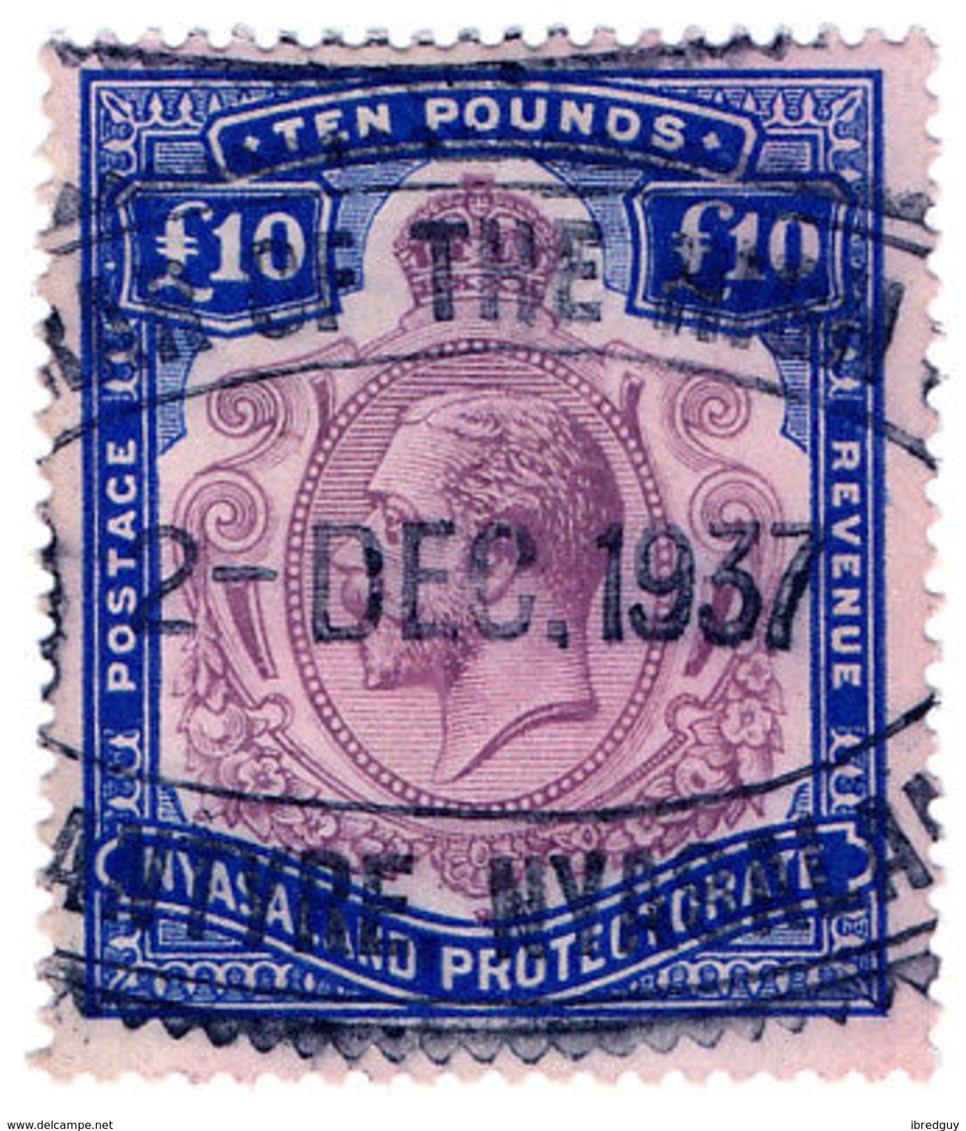 (I.B) Nyasaland Revenue : Duty Stamp £10 - Nyassaland (1907-1953)