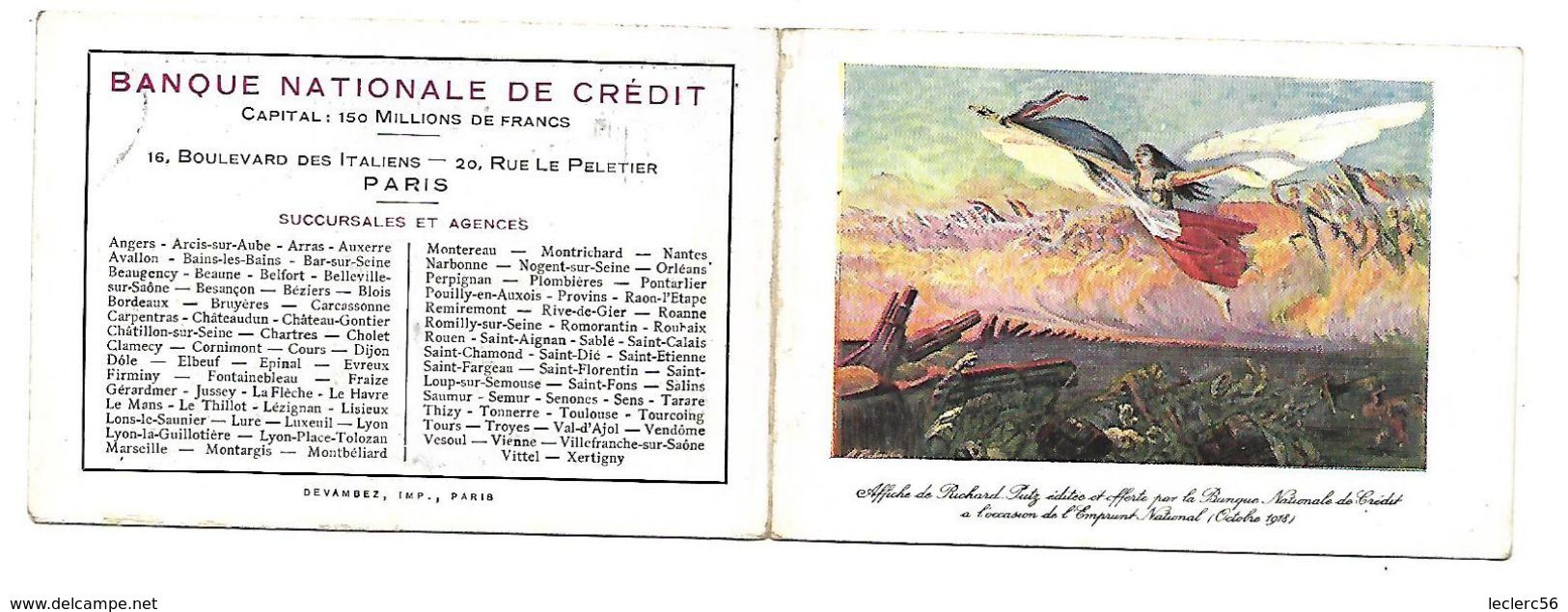 CALENDRIER 1919 BANQUE NATIONALE DE CREDIT (95 X 65 Mm Plié) Bon état - Petit Format : 1901-20