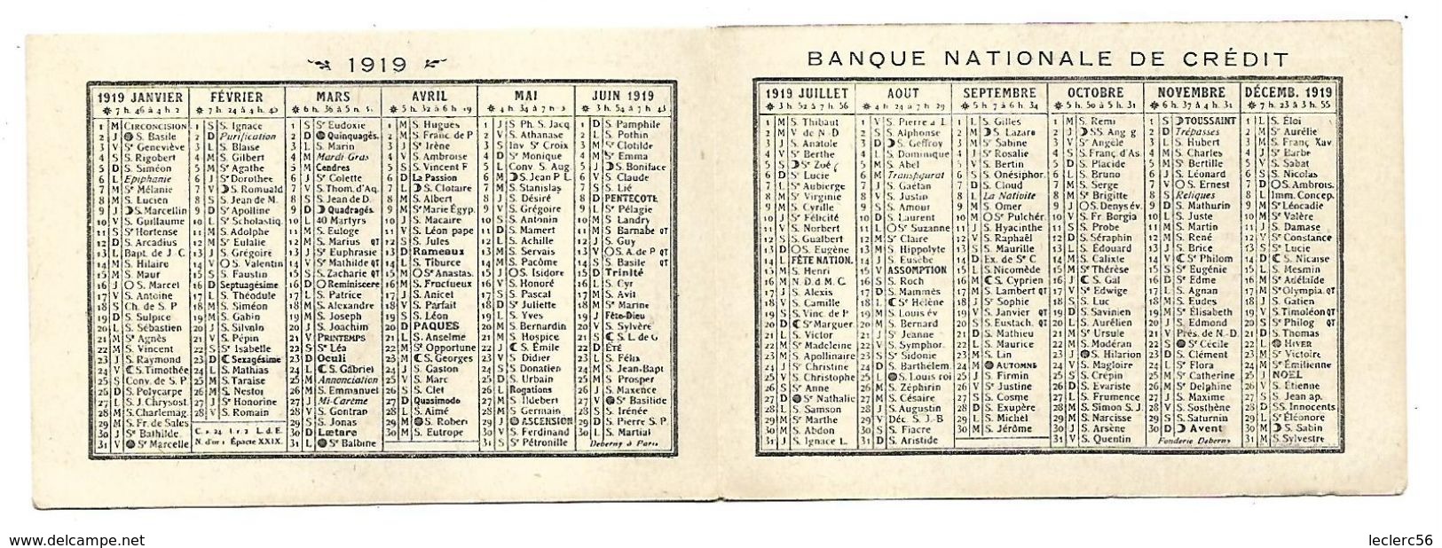 CALENDRIER 1919 BANQUE NATIONALE DE CREDIT (95 X 65 Mm Plié) Bon état - Small : 1901-20