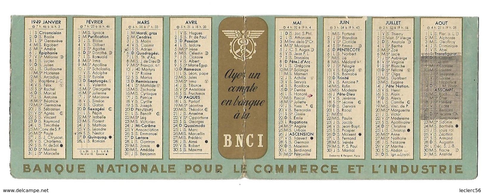 CALENDRIER 1949 BANQUE NATIONALE POUR LE COMMERCE ET L'INDUSTRIE (108 X 76 Mm Plié) Bon état - Petit Format : 1941-60