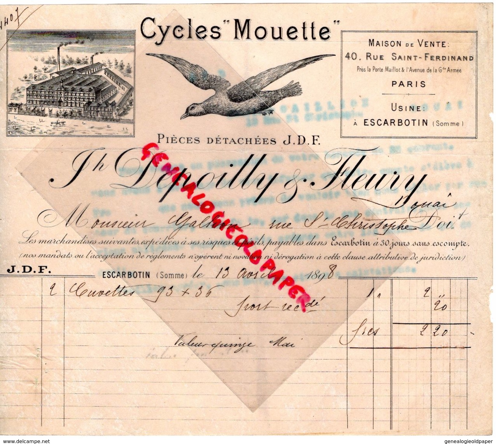 80- ESCARBOTIN-75- PARIS-RARE FACTURE -JOSEPH DEPOILLY & FLEURY-CYCLES MOUETTE-VELO  CYCLISME- JDF- 40 RUE ST FERDINAND- - Transport