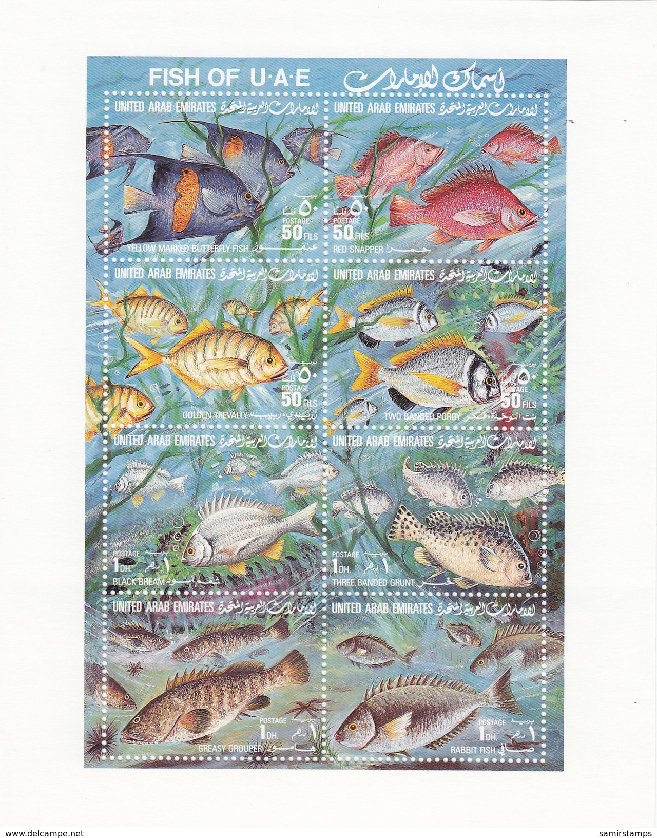 UAE 1991 Fish Souvenir Sheet 8 Stamps MNH Compl.  Scarce Topical Set - Red. PRICED - SKRILL PAY. ONLY - United Arab Emirates (General)