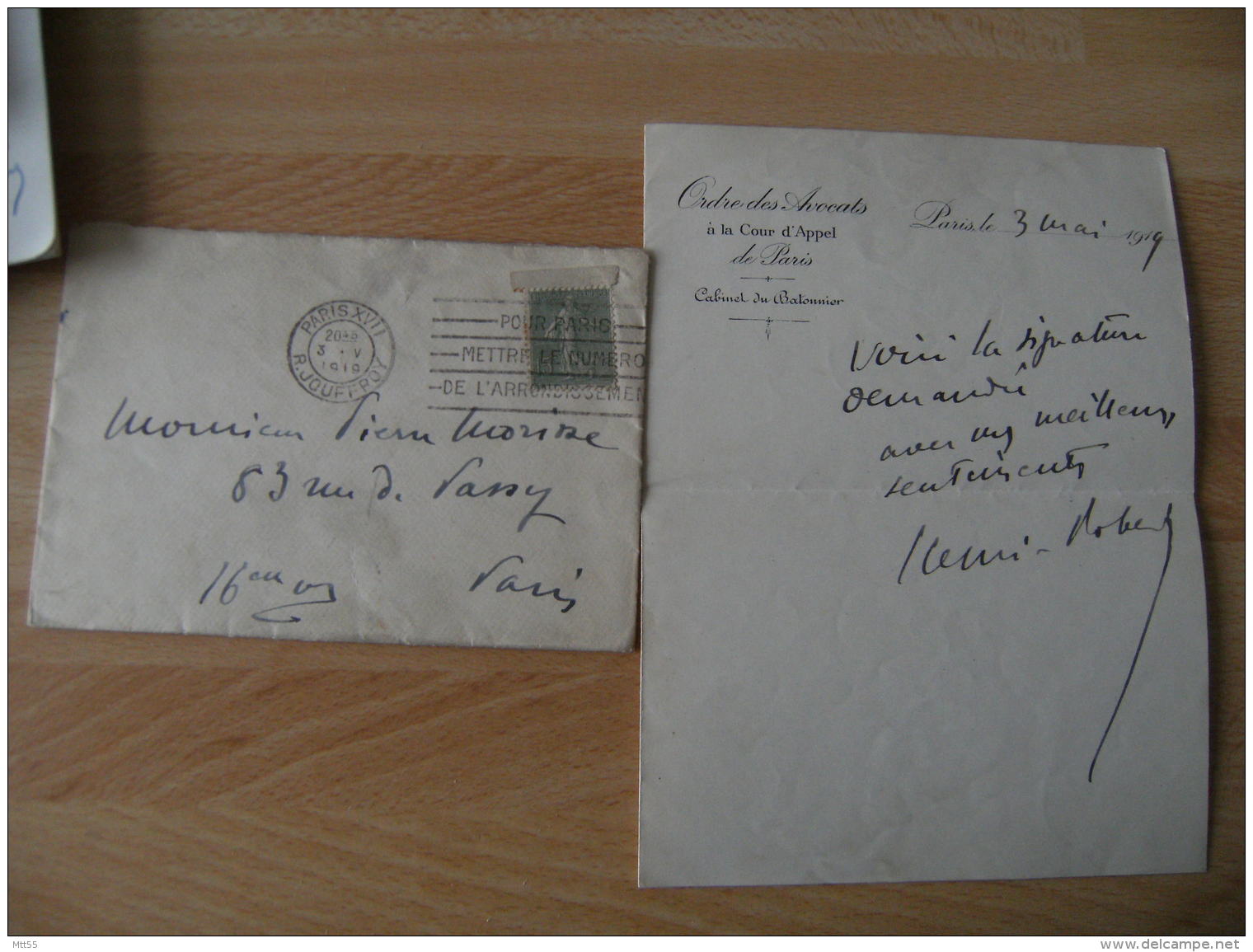 Lettre Autographe Henri Robert Avocat Historien Batonnier Paris 1914 Avec Enveloppe - Autres & Non Classés