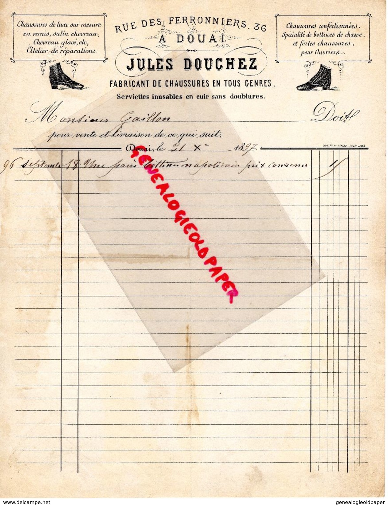 62- DOUAI- RARE FACTURE 1897- JULES DOUCHEZ- FABRICANT CHAUSSURES-BOTTINES DE CHASSE-36 RUE DES FERRONNIERS-1897 - 1800 – 1899