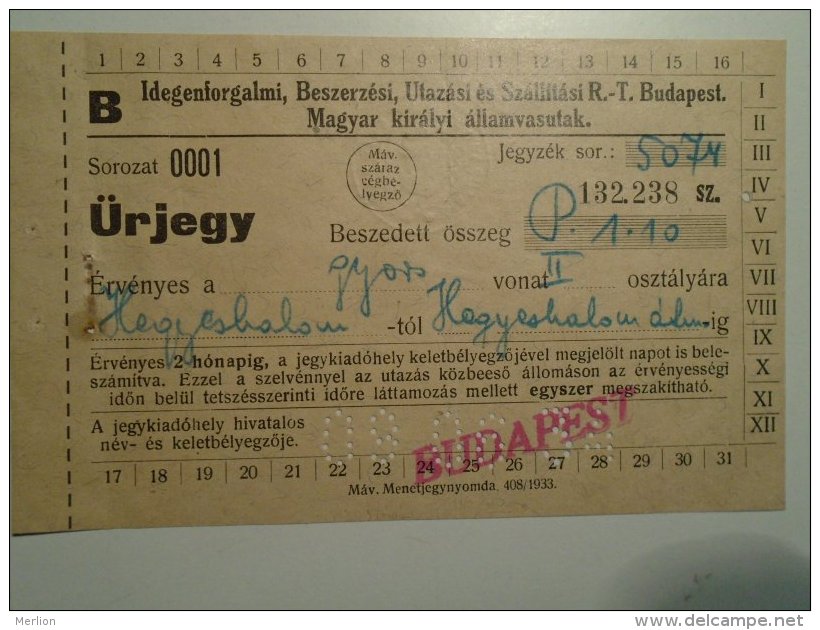 H1.9 Ticket De Train - Railway -  Budapest  -Hegyeshalom To - Austria 1934 - Other & Unclassified