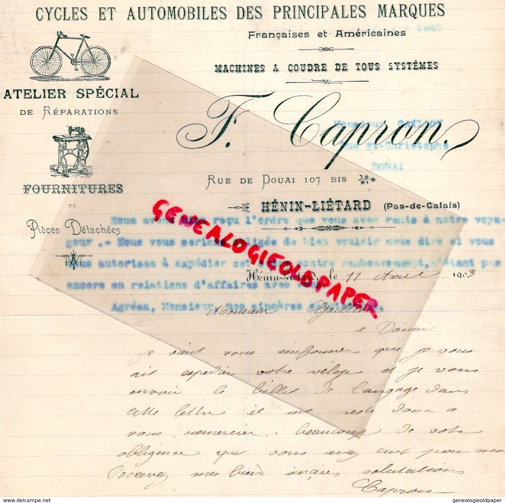 62- HENIN LIETARD- RARE LETTRE MANUSCRITE SIGNEE F. VAPRON-CYCLES AUTOMOBILES-VELO MOTO CYCLISME-MACHINES A COUDRE-1903 - Transports