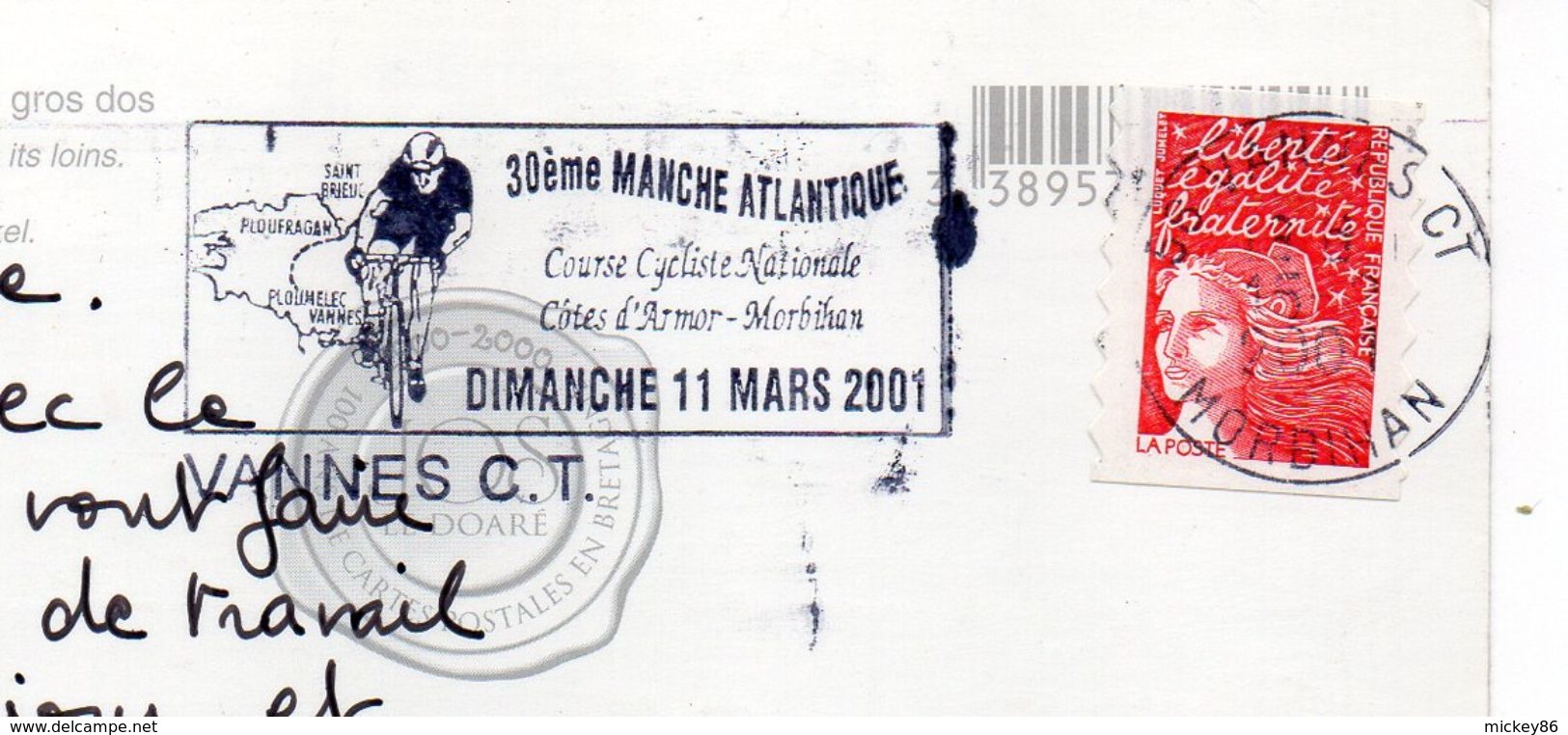 2001-flamme VANNES CT-56--30ème Manche  Atlantique (cyclisme,vélo) Sur Cpm Bretagne"Avis De Tempête"-phares - Oblitérations Mécaniques (flammes)