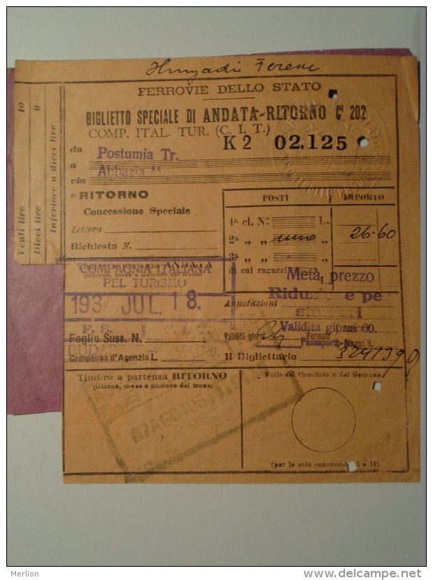 H1.11 Ticket De Train - Railway - Bigletto Ferroviare - Italia Postumia -Abbazia  Croatia  - Ufficio Budapest 1934 - Other & Unclassified