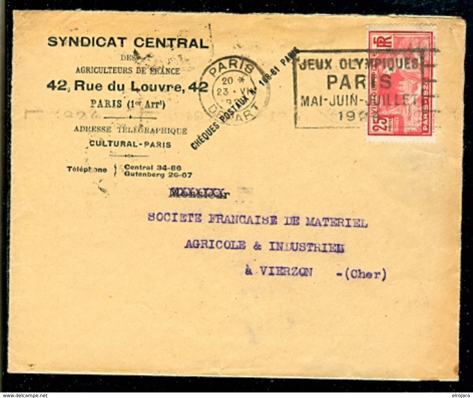 FRANCE Olympic Machine Cancel Paris Depart On Cover With Advertisements On The Back With Olympic Stamp Of 23 VI 1924 - Estate 1924: Paris