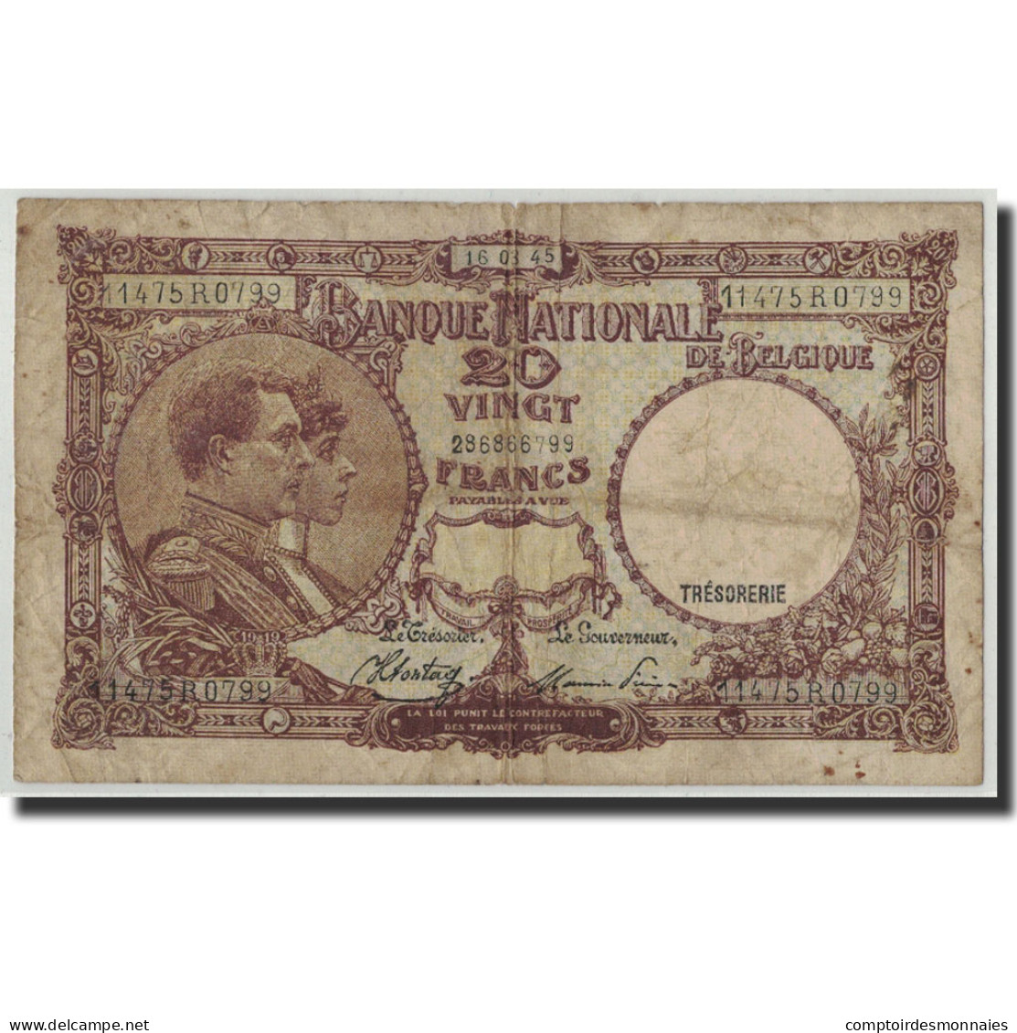 Billet, Belgique, 20 Francs, 1945, 1945-03-16, KM:111, B - 20 Francos