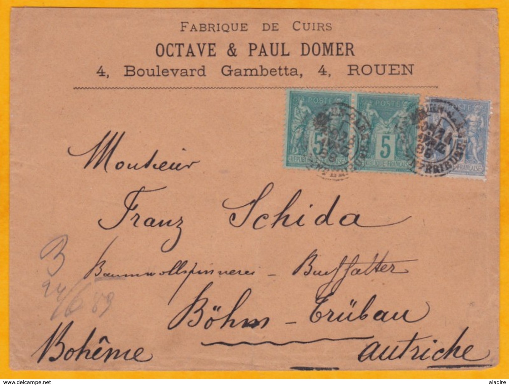 1889 - Enveloppe Commerciale De Rouen Vers Bohm Trubau, Bohème, Autriche - 25 C Type Sage - 1876-1898 Sage (Type II)