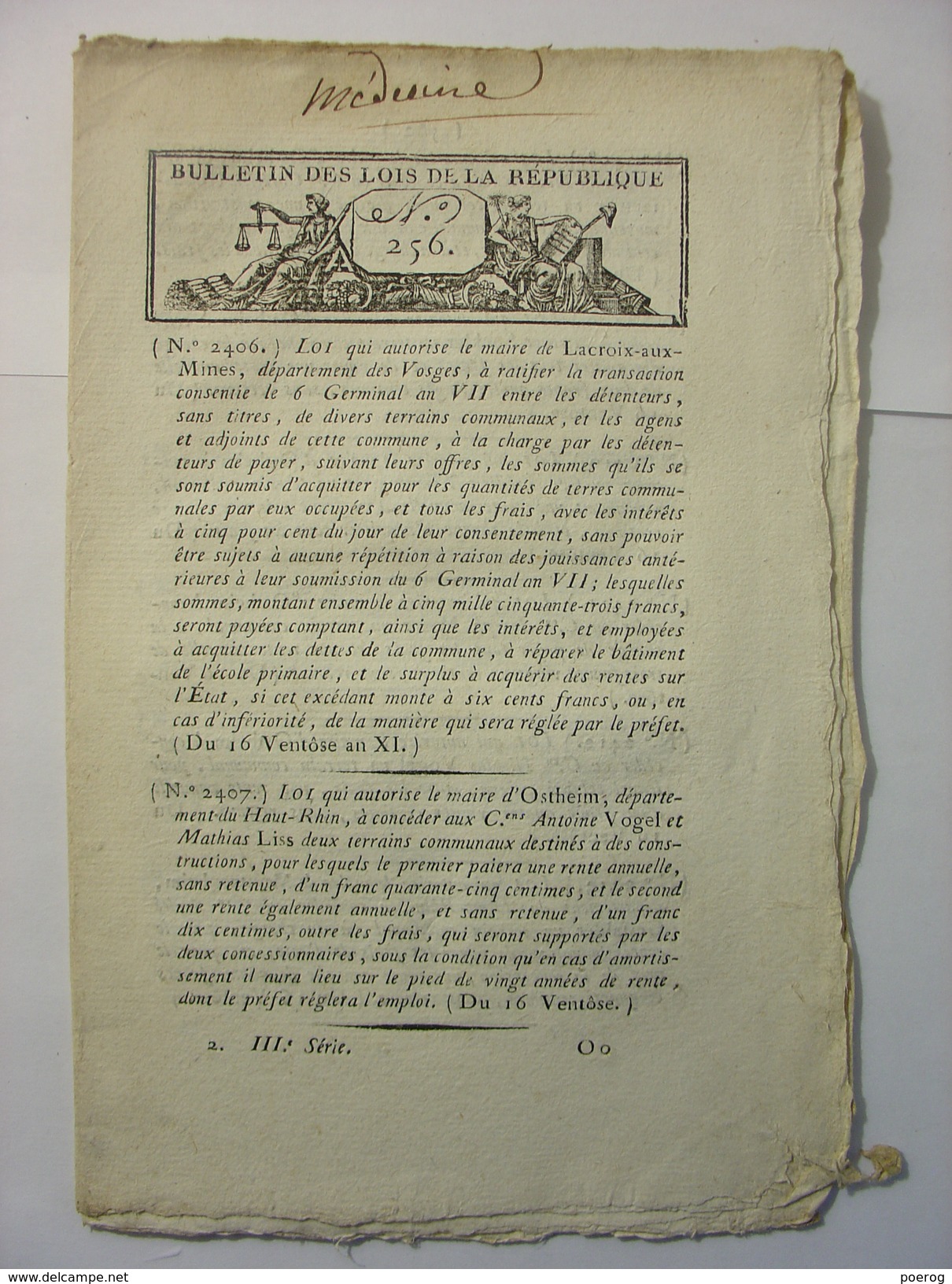 BULLETIN DES LOIS N°256 De MARS 1803 - EXERCICE DE LA MEDECINE - OSTHEIM - MUNTZENHEIM - RICQUEVIR - BENEJACQ - Decretos & Leyes