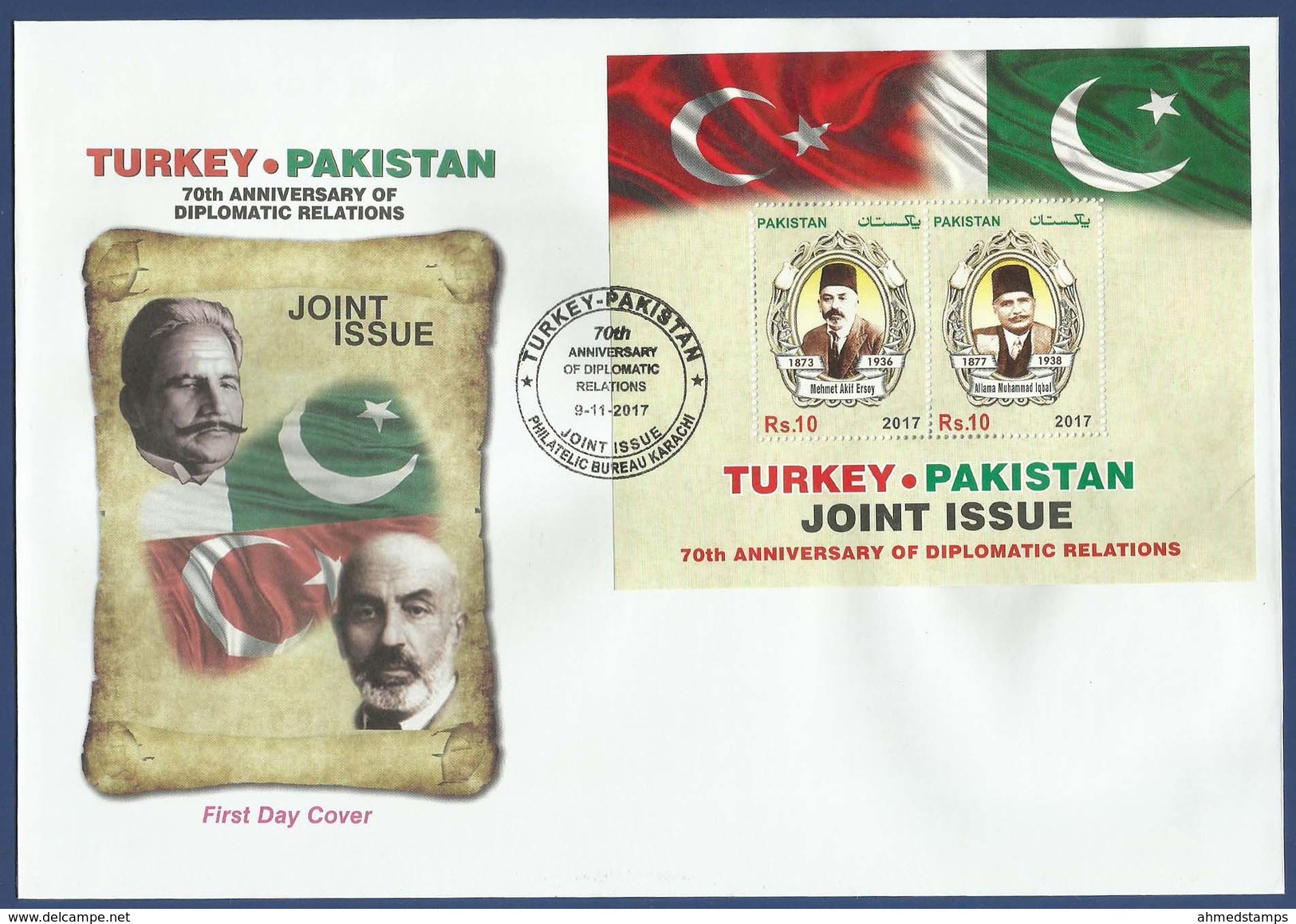 PAKISTAN 2017 MNH FDC FIRST DAY COVER 70TH ANNIVERSARY OF DIPLOMATIC RELATION BETWEEN TURKEY AND PAKISTAN POET IQBAL - Pakistán