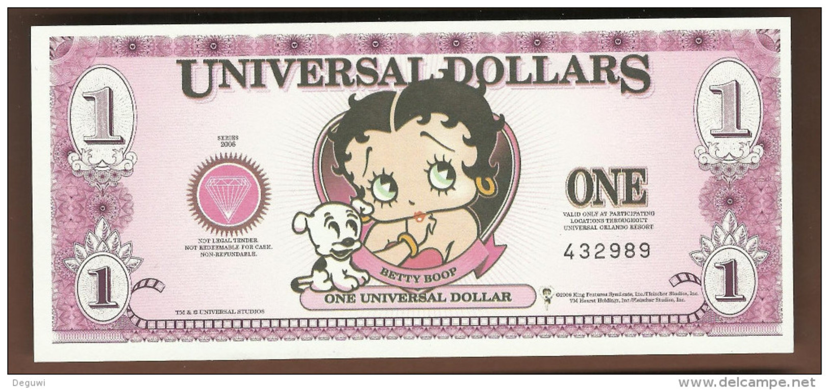 Spielgeld "BETTY BOOP", 1 Dollar, Beids. Druck, RRRRR, UNC, 160 X 70 Mm - Sonstige & Ohne Zuordnung