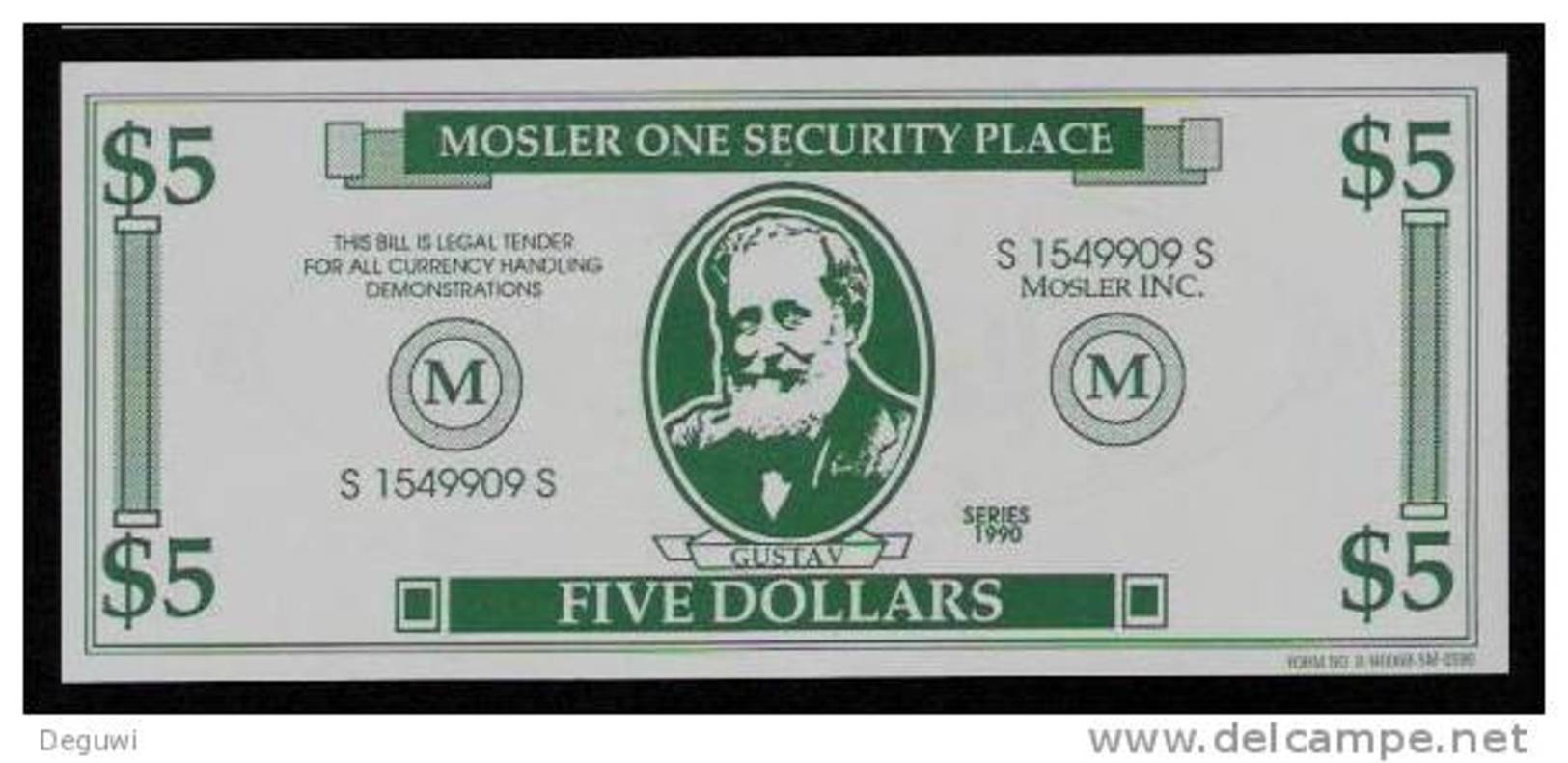 Test Note "MOSLER" Testnote, 5 US-Dollar, Beids. Druck, RRRRR, UNC, Firma Existiert Nicht Mehr! - Sonstige & Ohne Zuordnung