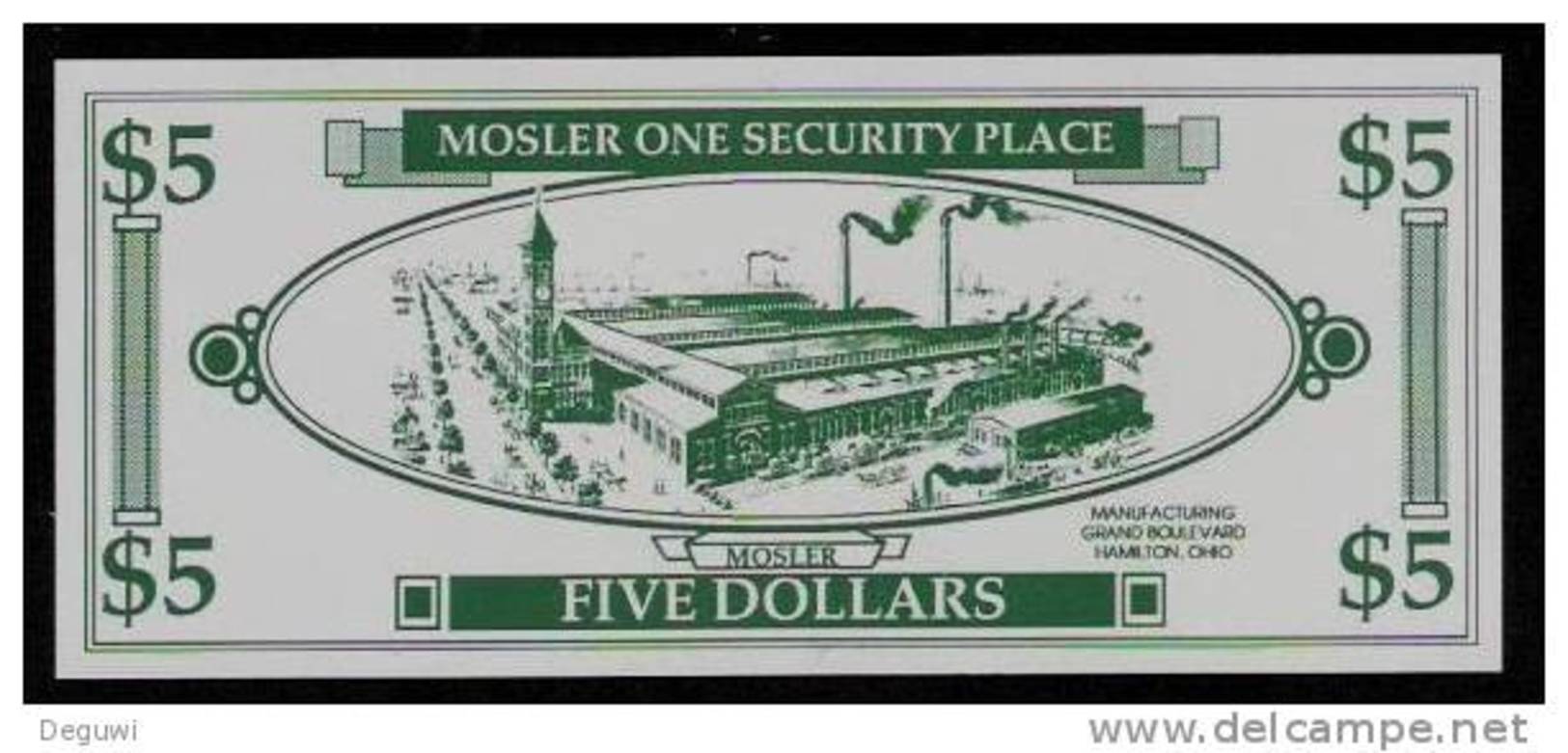 Test Note "MOSLER" Testnote, 5 US-Dollar, Beids. Druck, RRRRR, UNC, Firma Existiert Nicht Mehr! - Sonstige & Ohne Zuordnung