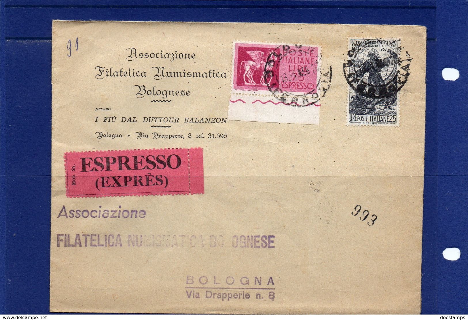 ##(YEL) -Italia -13-1-1958- Bologna - Busta  Espresso. Per La Città - 1946-60: Storia Postale