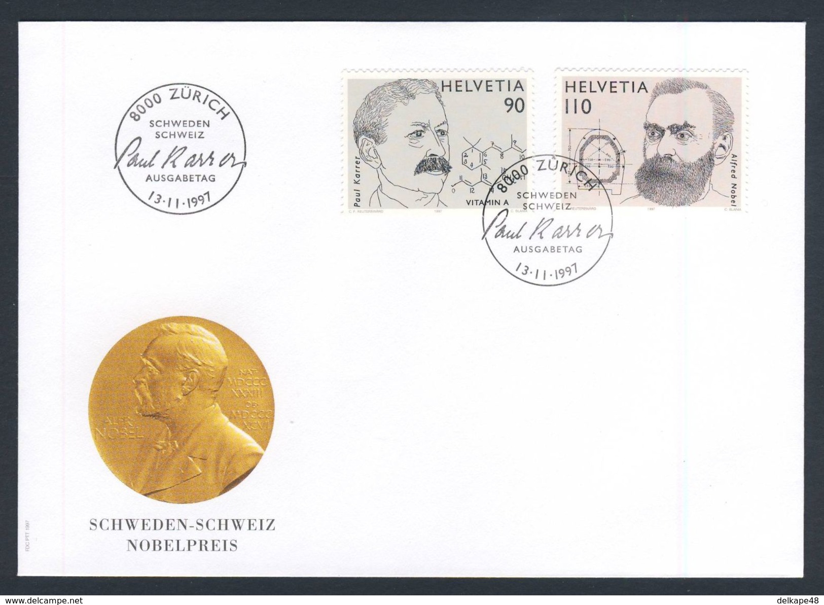 Switzerland Schweiz Suisse 1997 FDC I - Mi 1623 /4 - Nobel Prize / Nobelpreis - Paul Karrer + Alfred Nobel - Nobelprijs