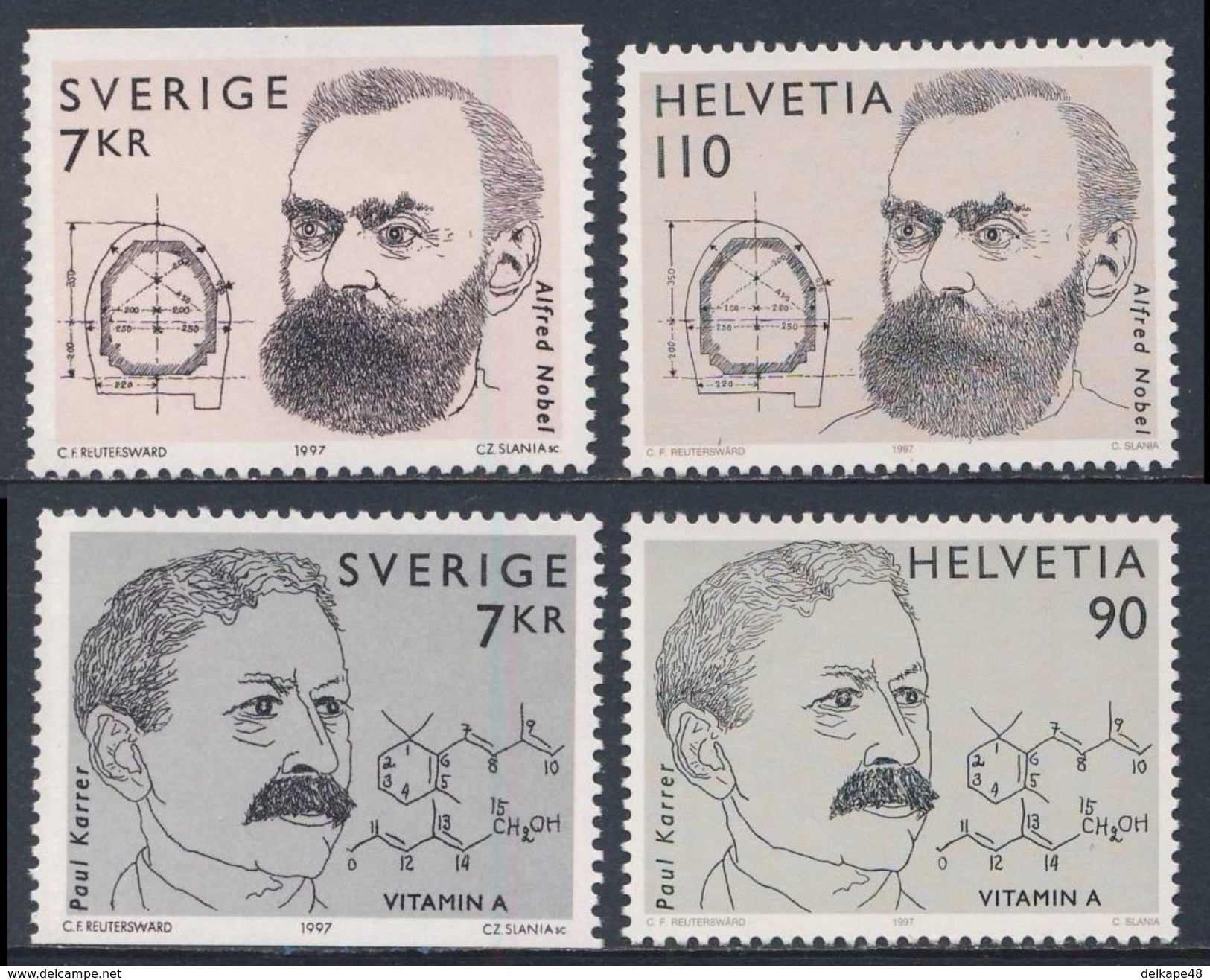 1997 Joint Issue / Gemeinschaftsausgabe : Switserland - Sweden : Nobelpreis / Nobel Prize : A. Nobel + P. Karrer - Gezamelijke Uitgaven