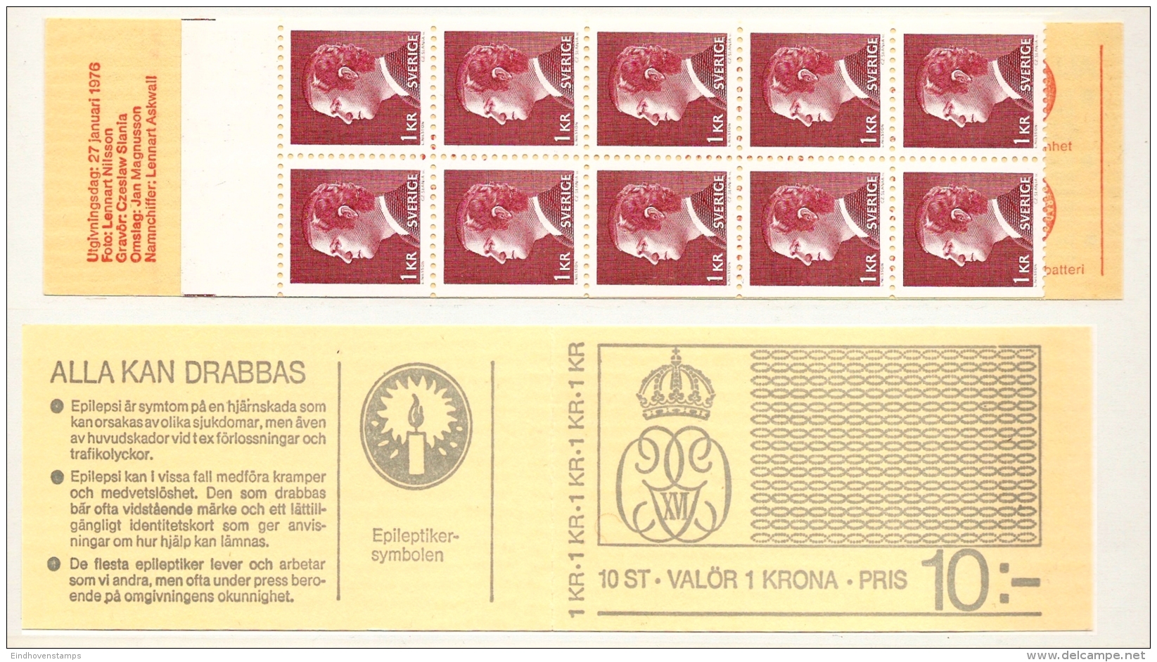 Sweden 1975 King Carl XVI Stamp Booklet MNH 10x 100 Ø Epilepsy Advert Society For Epileptics - Disease