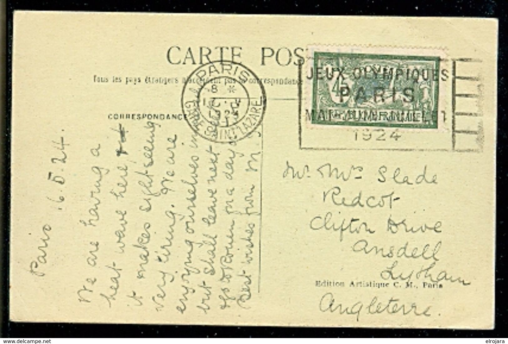 FRANCE Olympic Machine Cancel Paris Gare Saint Lazare On Postcard Of 17 V 1924 Send To Great Britain. - Estate 1924: Paris