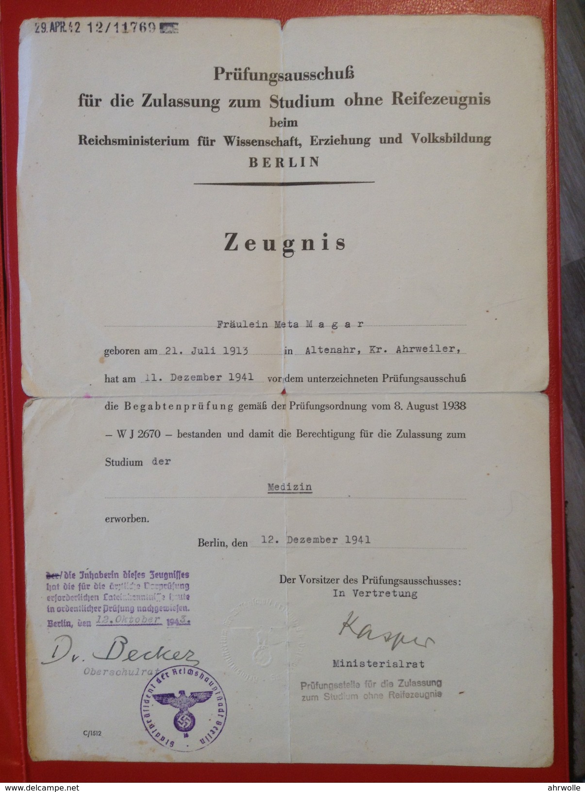 Zeugnis Für Die Zulassung Zum Studium Ohne Reifezeugnis Reichsministerium Für Wissenschaft Berlin 1941 - Diplômes & Bulletins Scolaires