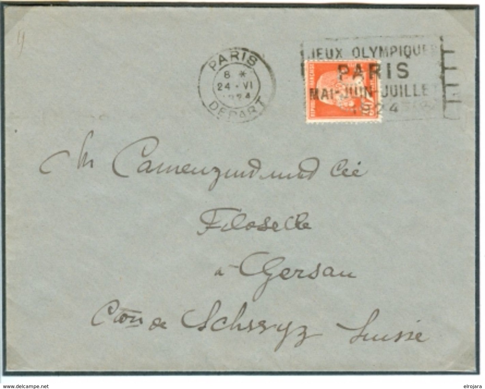 FRANCE PERFIN Stamp On Cover With Olympic Machine Cancel Paris Depart 24 VI 1924 To Switzerland - Estate 1924: Paris