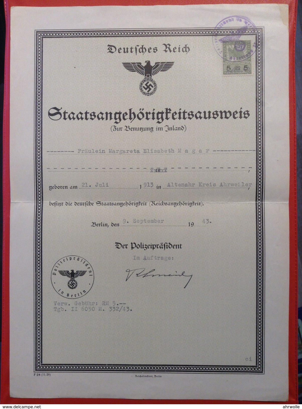 Deutsches Reich Staatsangehörigkeitsausweis Zur Benutzung Im Inland Berlin 1943 Stempel Polizeipräsident - Diplome Und Schulzeugnisse