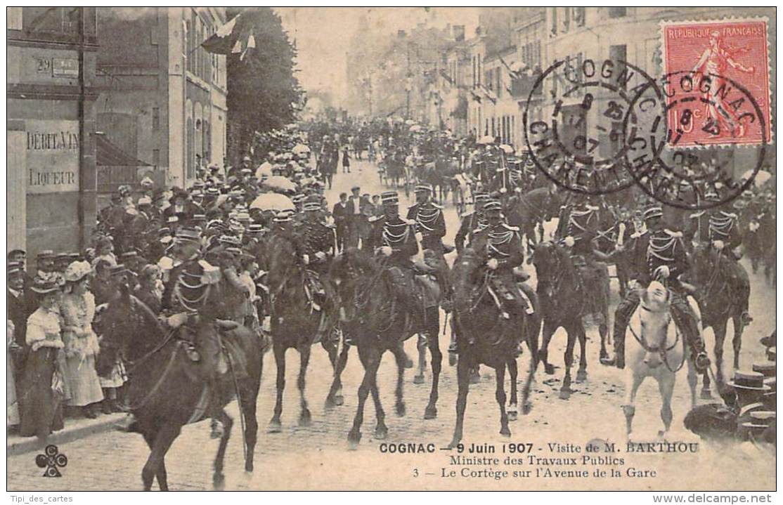 16 - Cognac - 9 Juin 1907 Visite De M. Barthou Ministre Des Travaux Publics, Le Cortège Sur L'Avenue De La Gare - Cognac