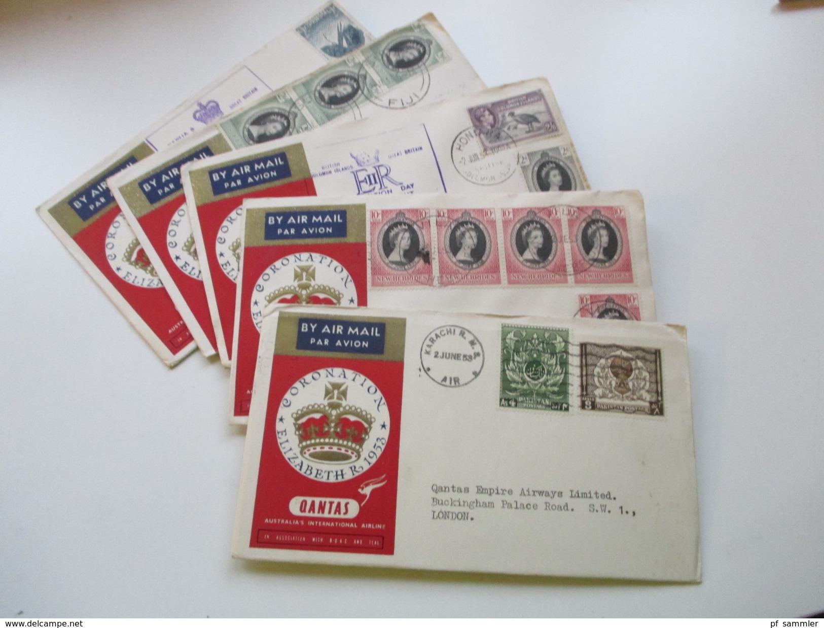 GB Kolonien 1953 New Hebrides / Solomon Islands / Fiji / Papua New Guinea / Pakistan. Quantas First Flight. Coronation - Airplanes