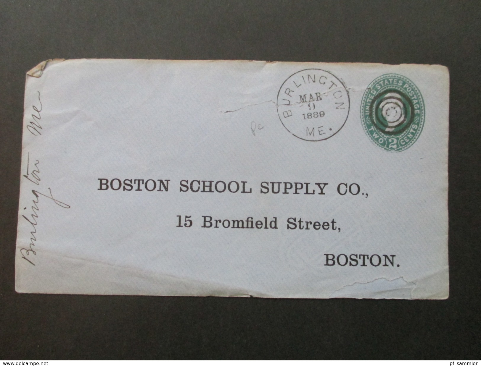 USA 1889 Ganzsachenumschlag Burlington ME. Bosten Schhol Suply Bosten. Stempel: Boston Mario 39 C - Storia Postale