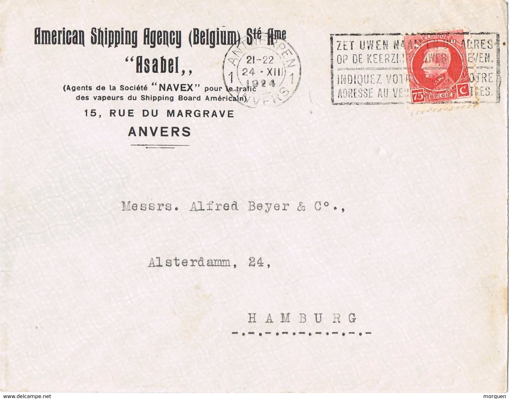 26285. Carta  Comercial ANVERS (Belgien) 1924. American Shipping Agency - Cartas & Documentos