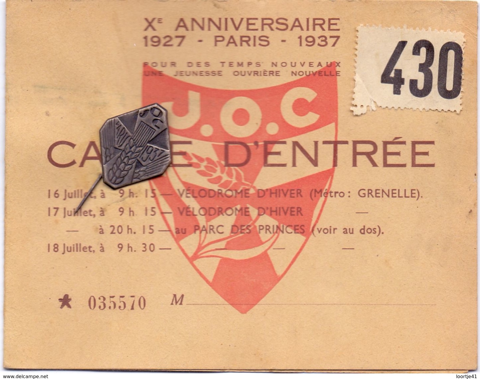 Carte D' Entrée Vélodrome D' Hiver Paris - X° Anniversaire 1927 - 1937 Cyclisme - Wielrennen  - Avec Broche - Biglietti D'ingresso