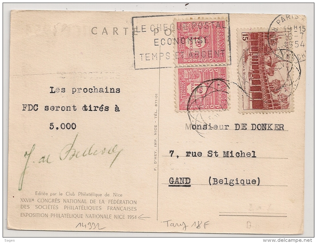 Carte EXPO PHILA NICE, Obli DIAMANT à L'arrivée En Belgique. Tarif 18f . 1954. Bel Affranchissement. - 1921-1960: Période Moderne