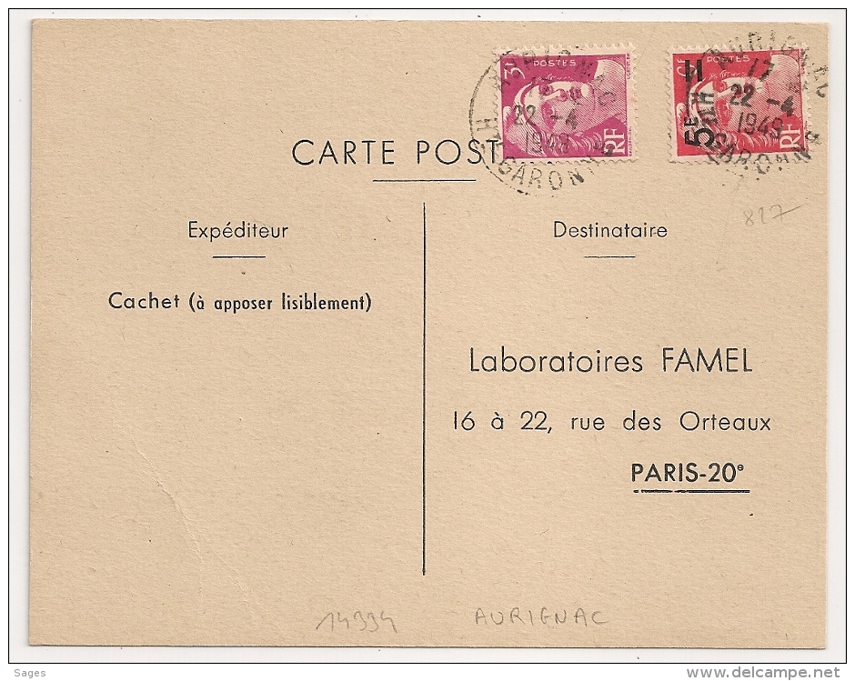 AURIGNAC Haute Garonne Sur CP Au Type Gandon, Tarif CP à 8F AVEC N°827. Pour Laboratoire FAMEL. - 1921-1960: Période Moderne