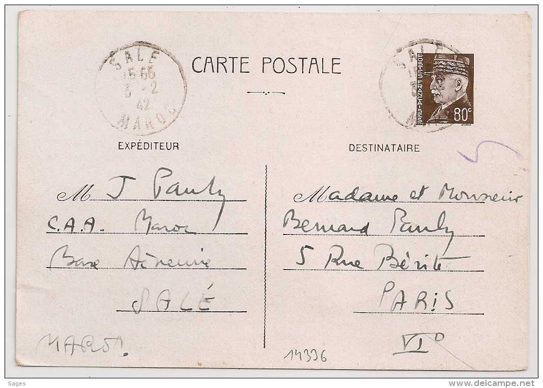 De Salé MAROC C.A.A Base Aèrienne Sur ENTIER PETAIN Sans Surtaxe Aèrienne Pour PARIS. 1942. - Guerre De 1939-45