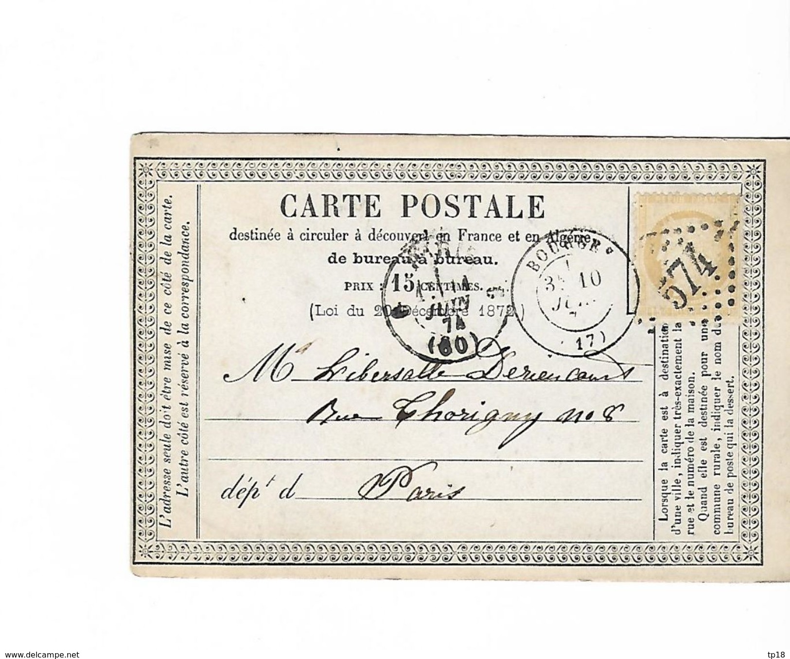 Cartes Postale De Bourges A Paris 1874  Destinée A Circuler En France Et En Algérie Gros Numéro 574 - Cartes Précurseurs