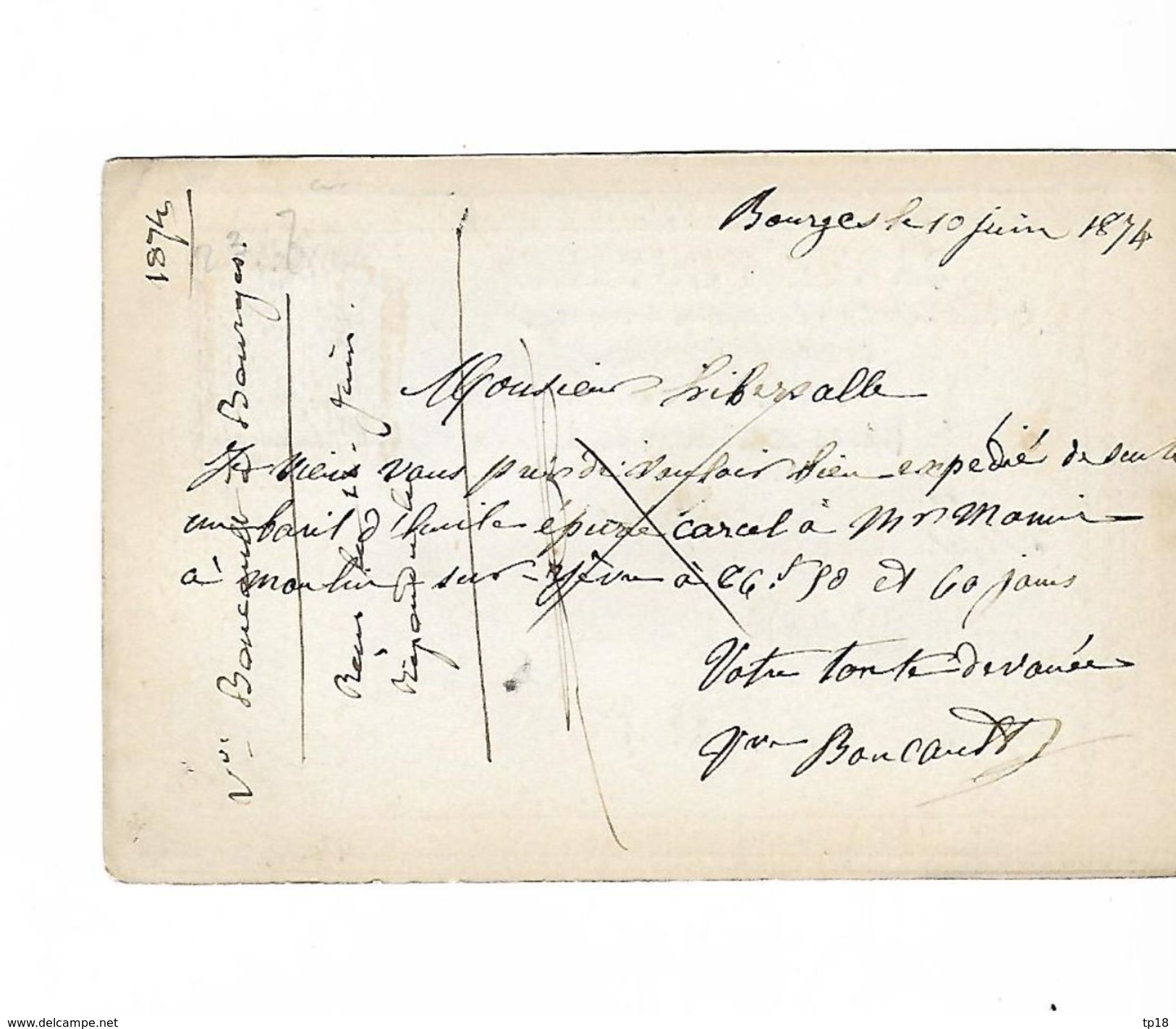 Cartes Postale De Bourges A Paris 1874  Destinée A Circuler En France Et En Algérie Gros Numéro 574 - Cartes Précurseurs