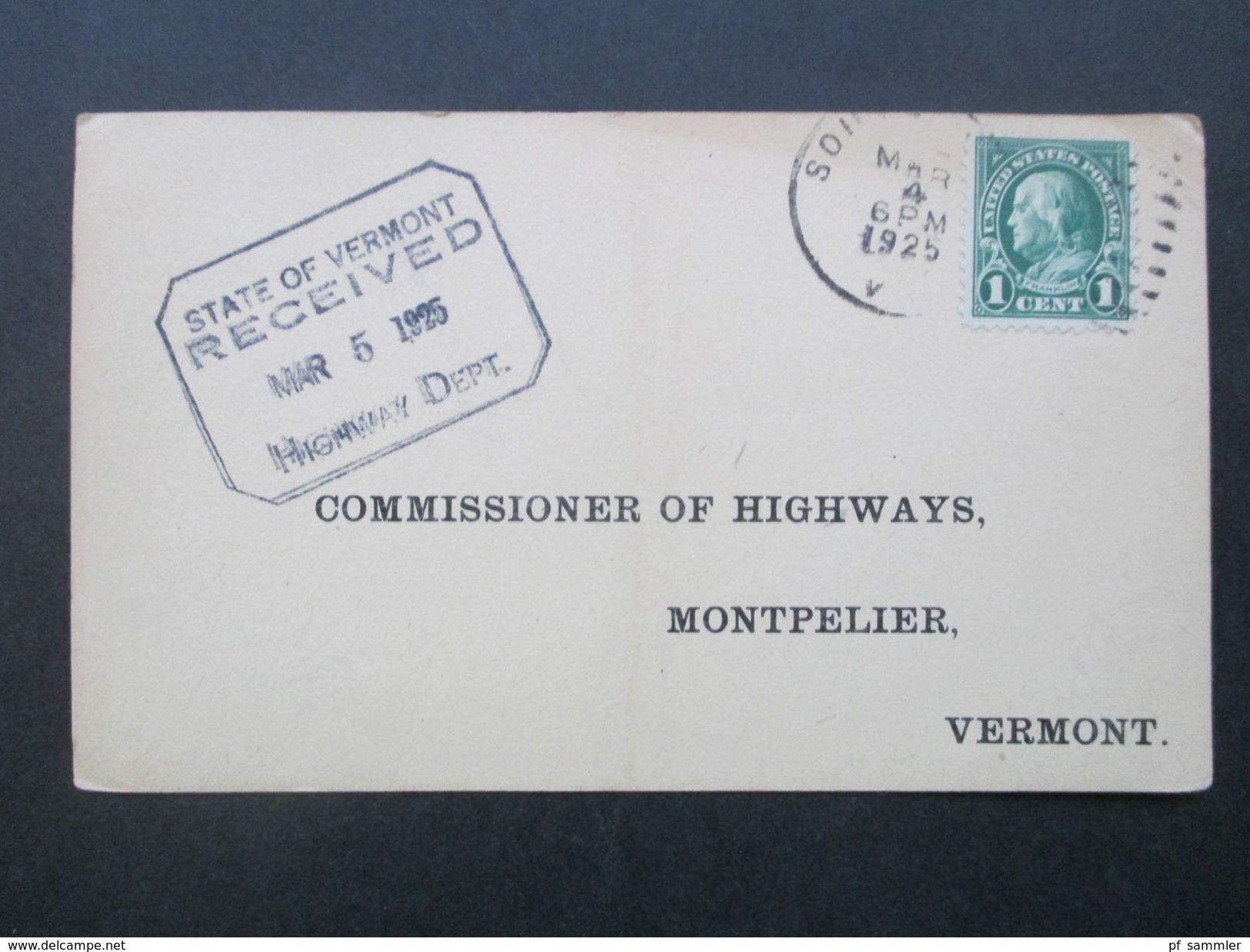 USA Postcard 1925 Commissioner Of Highways Montpelier Vermont. State Of Vermont. Names Of The Town Officers. Selectmen - Covers & Documents