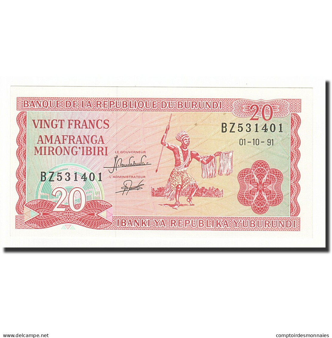 Billet, Burundi, 20 Francs, 1991-10-01, KM:27c, NEUF - Burundi