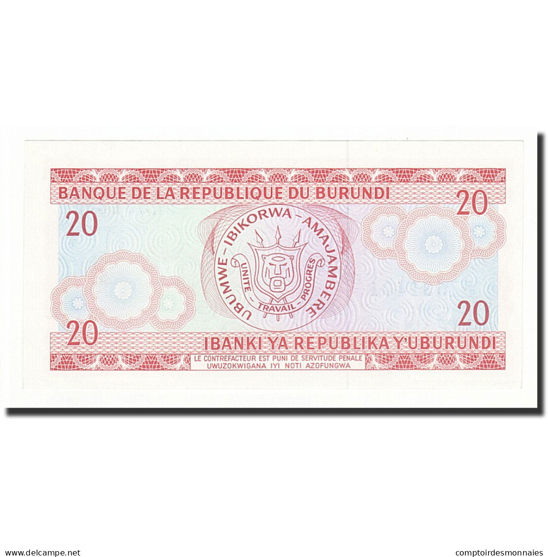 Billet, Burundi, 20 Francs, 1991-10-01, KM:27c, NEUF - Burundi