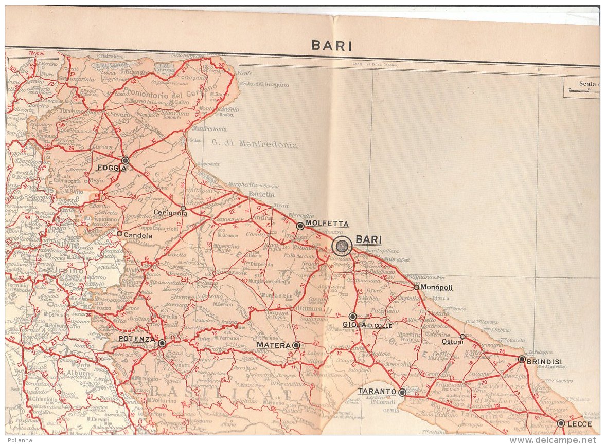 C2124 - CARTA AUTOMOBILISTICA DELLA FIAT De Agostini Anni '30 - BARI - Carte Stradali