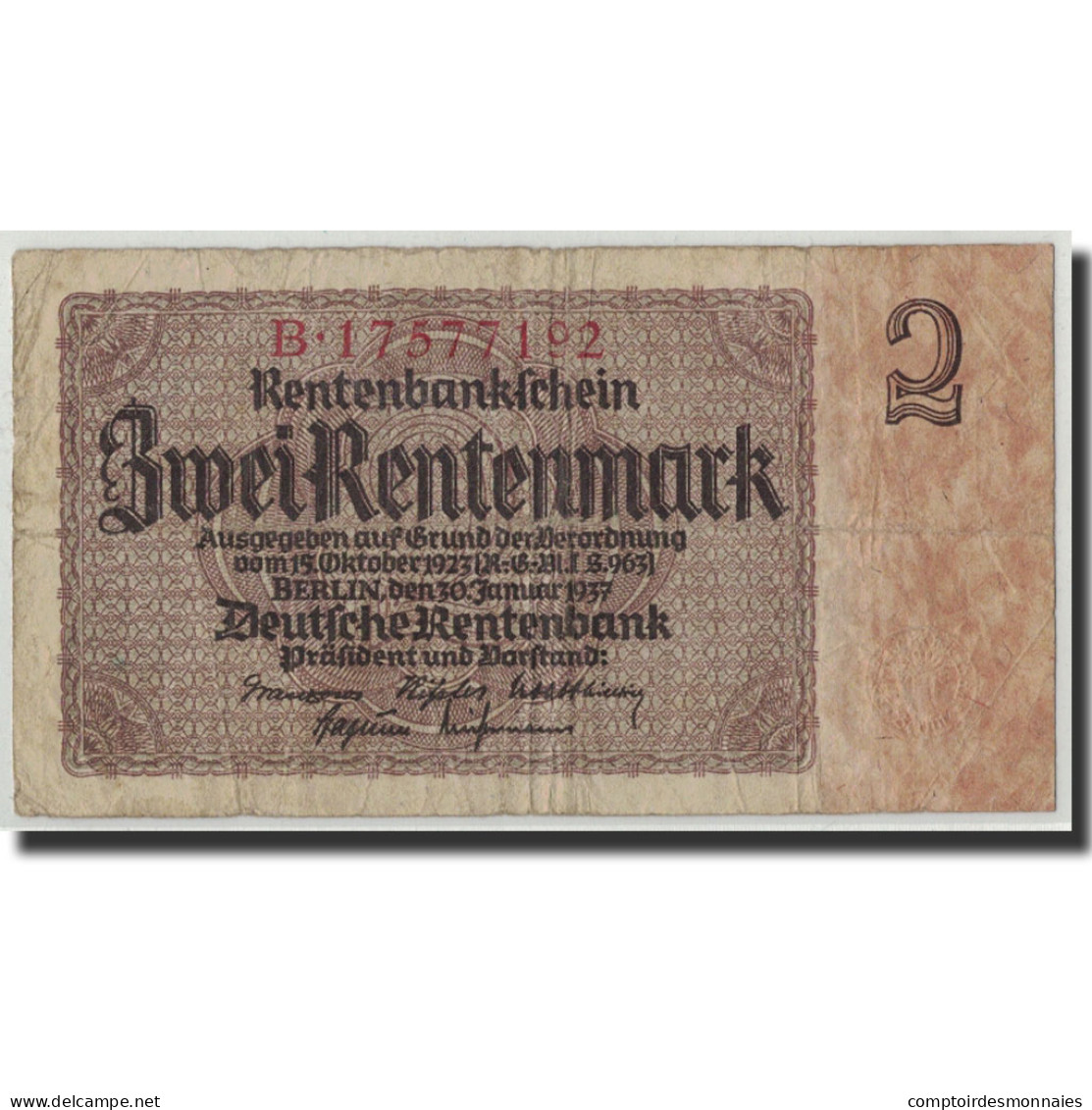 Billet, Allemagne, 2 Rentenmark, 1937, 1937-01-30, KM:174b, B - 2 Rentenmark