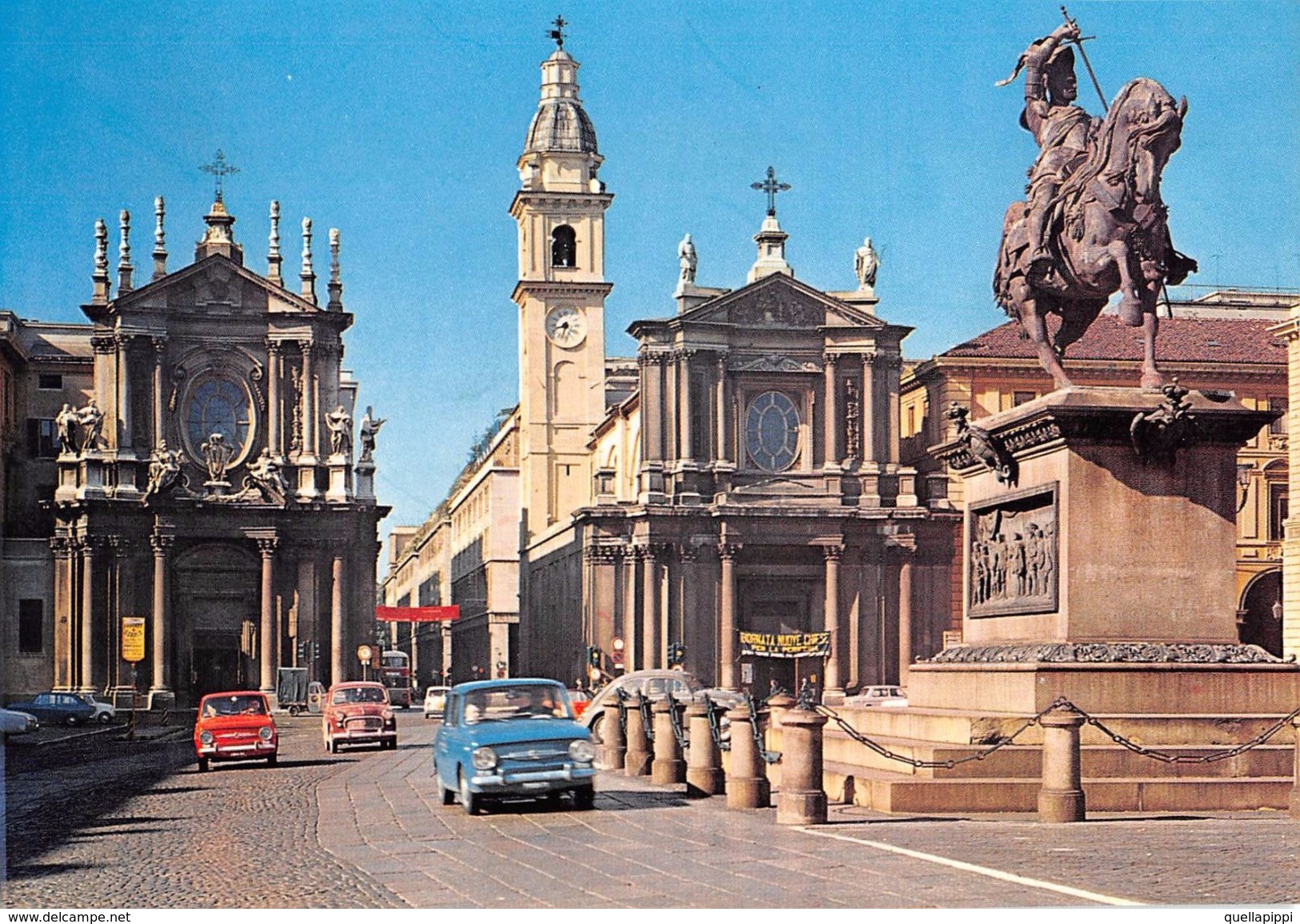 D7008"TORINO-PIAZZA SAN CARLO-MONUMENTO A  E. FILIBERTO .CHIESE CARLO/CRIST"ANIMATA,AUTO(FIAT),S.A.C.A.T320  CARTNONSPED - Lugares Y Plazas