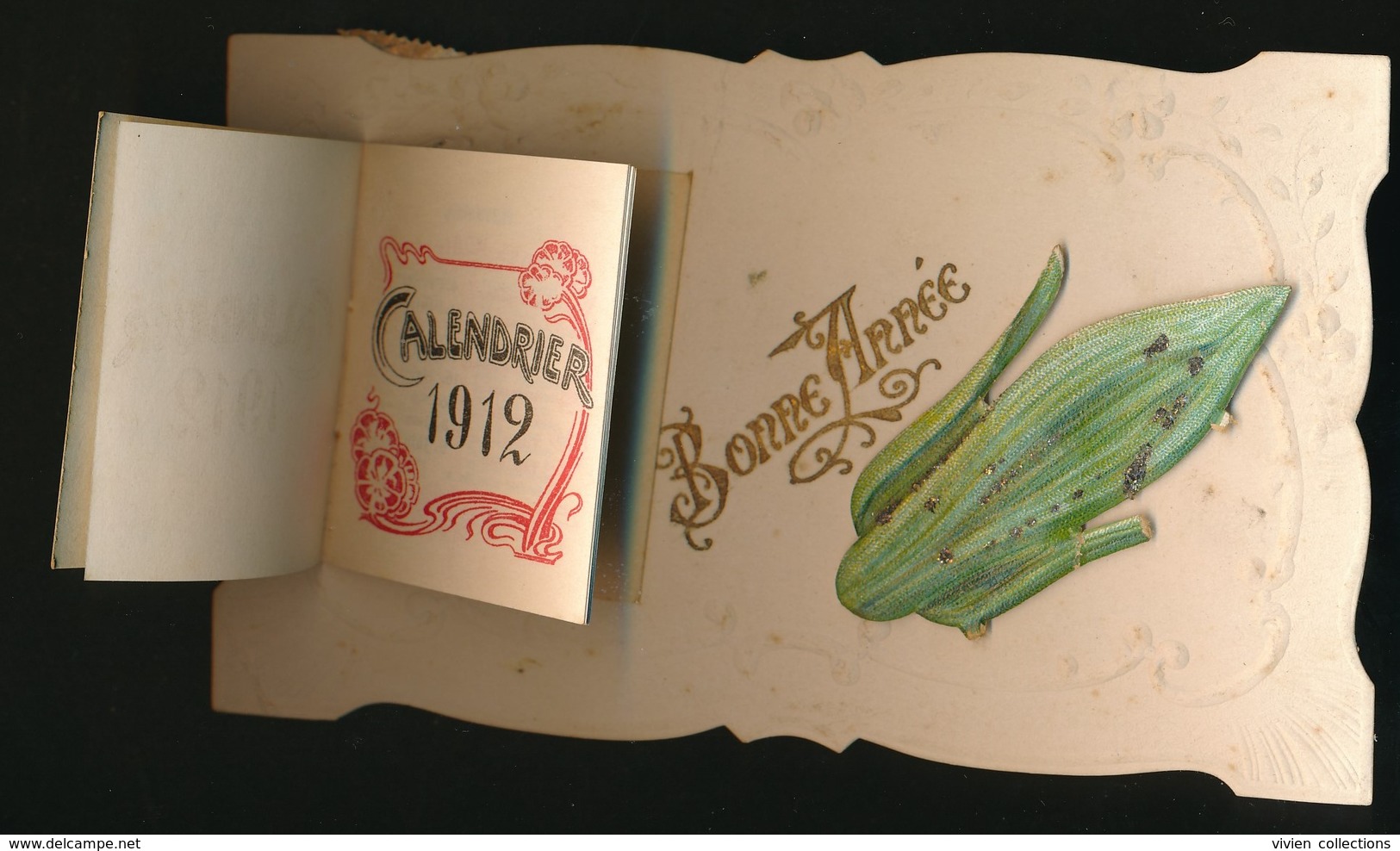 Carte De Bonne Année Avec Calendrier 1912 Gauffrée Et Illustration De Prospérité Par Un Découpi épi De Maïs - New Year
