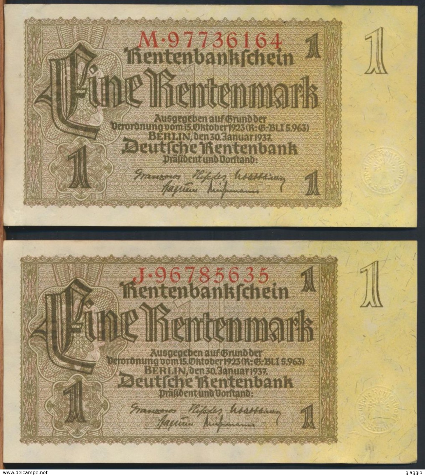 °°° GERMANY - (5) 1 RENTENMARK 1937 SERIE H-J-L-M-O. °°° - 1 Rentenmark