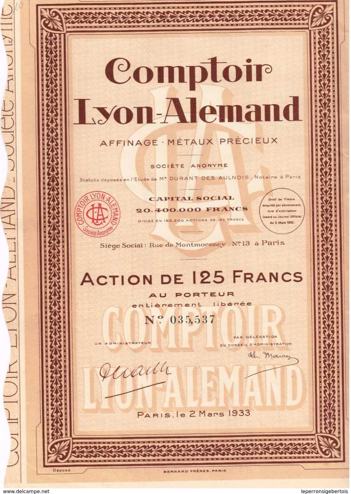 Action Ancienne - Comptoir Lyon-Alemand S.A. - Titre De 1933 - - Industrie